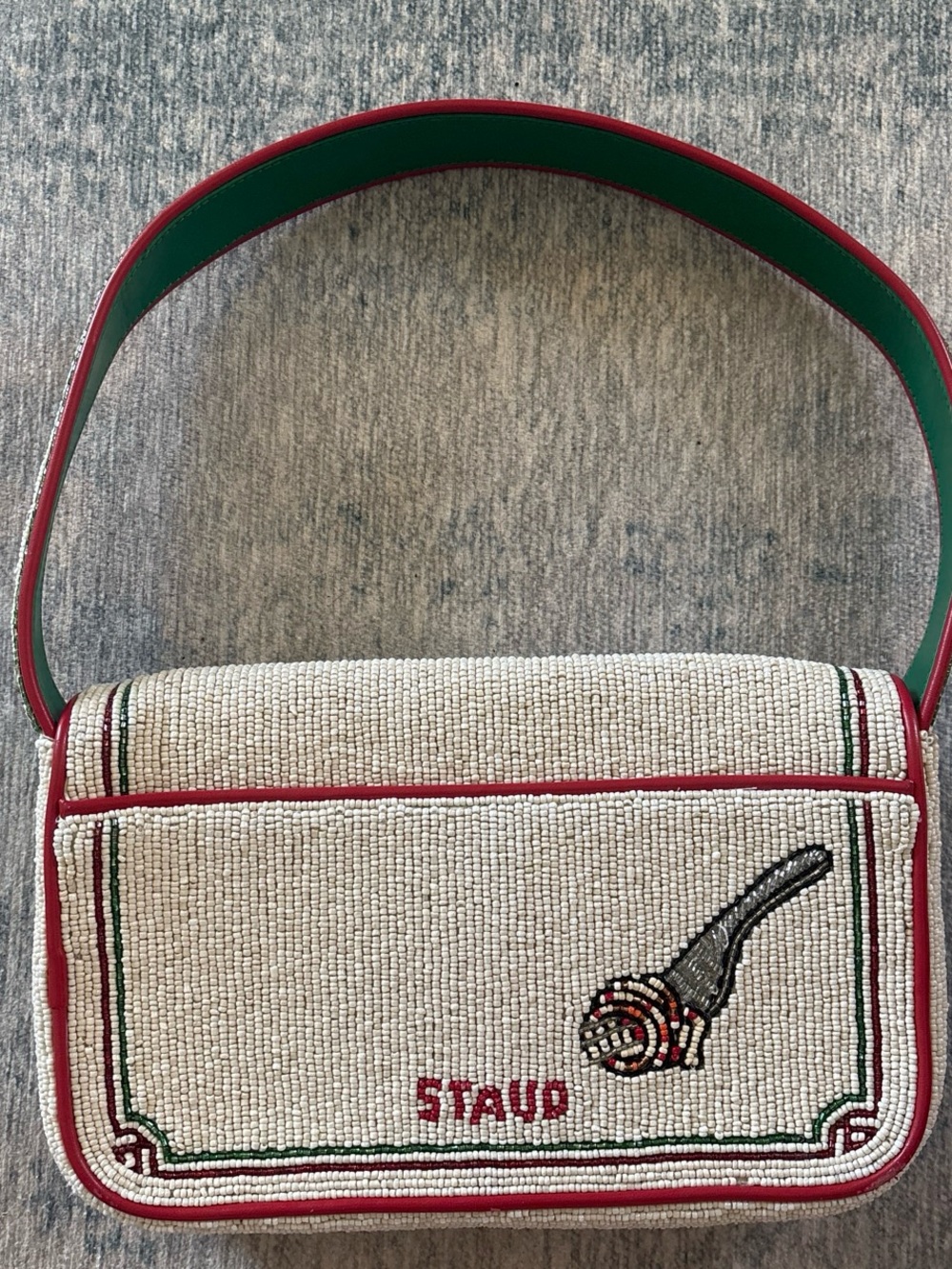 Staud Tommy Beaded Tomato Motif Shoulder Bag - Cream & Red Authentic - Picture 5 of 7